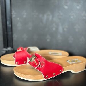 Dr Scholls Red Leather Sandals Sz 8 Womens Wood Slip On Shoes Vtg 70s 80s Italy